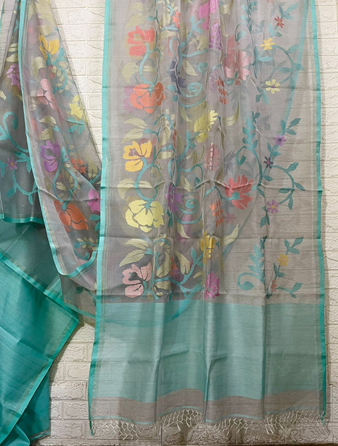 Ash with firoza border allover floral muslin silk handwoven jamdani saree