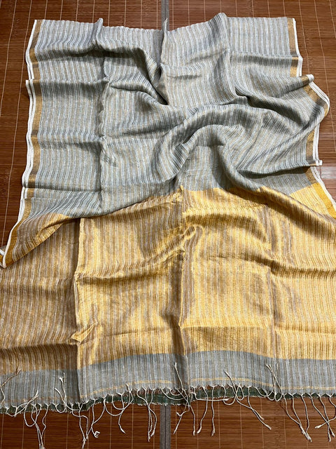 Ash with golden strip pure linen handloom saree