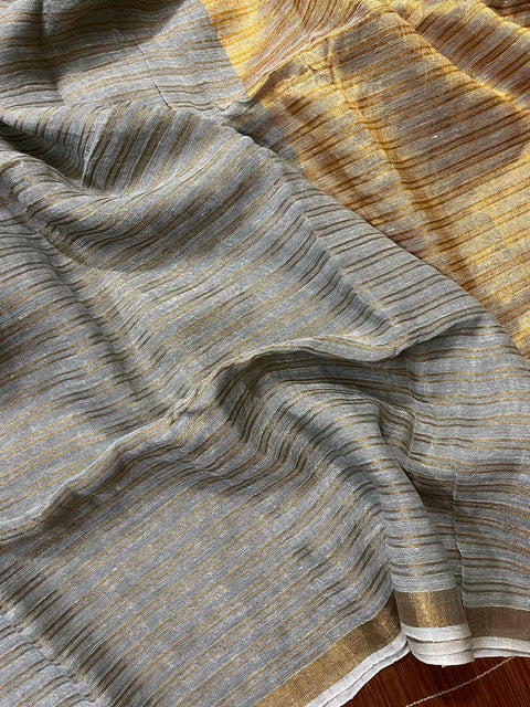 Ash with golden strip pure linen handloom saree