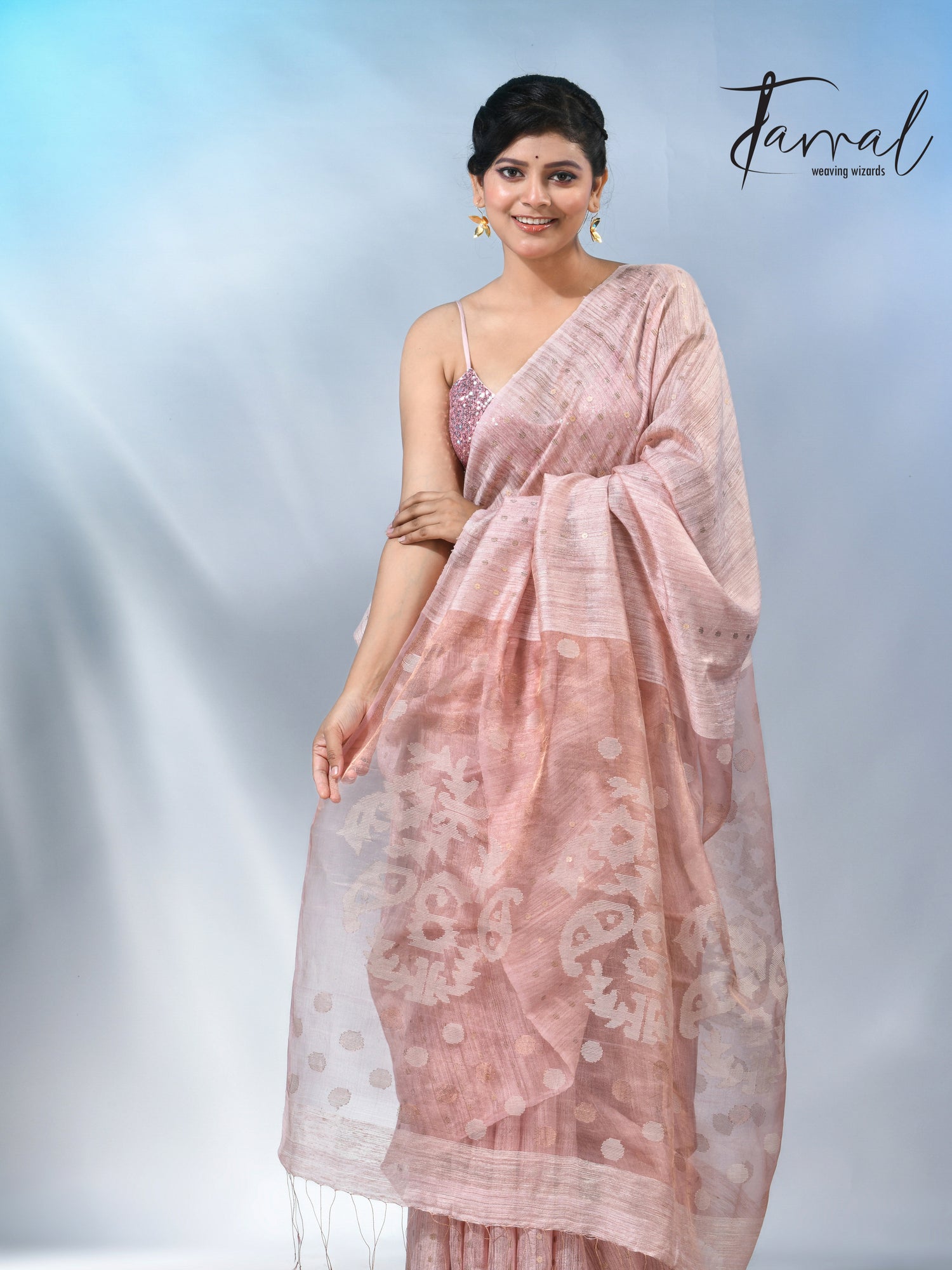 Baby Pink colour matka silk sequins handwoven jamdani saree