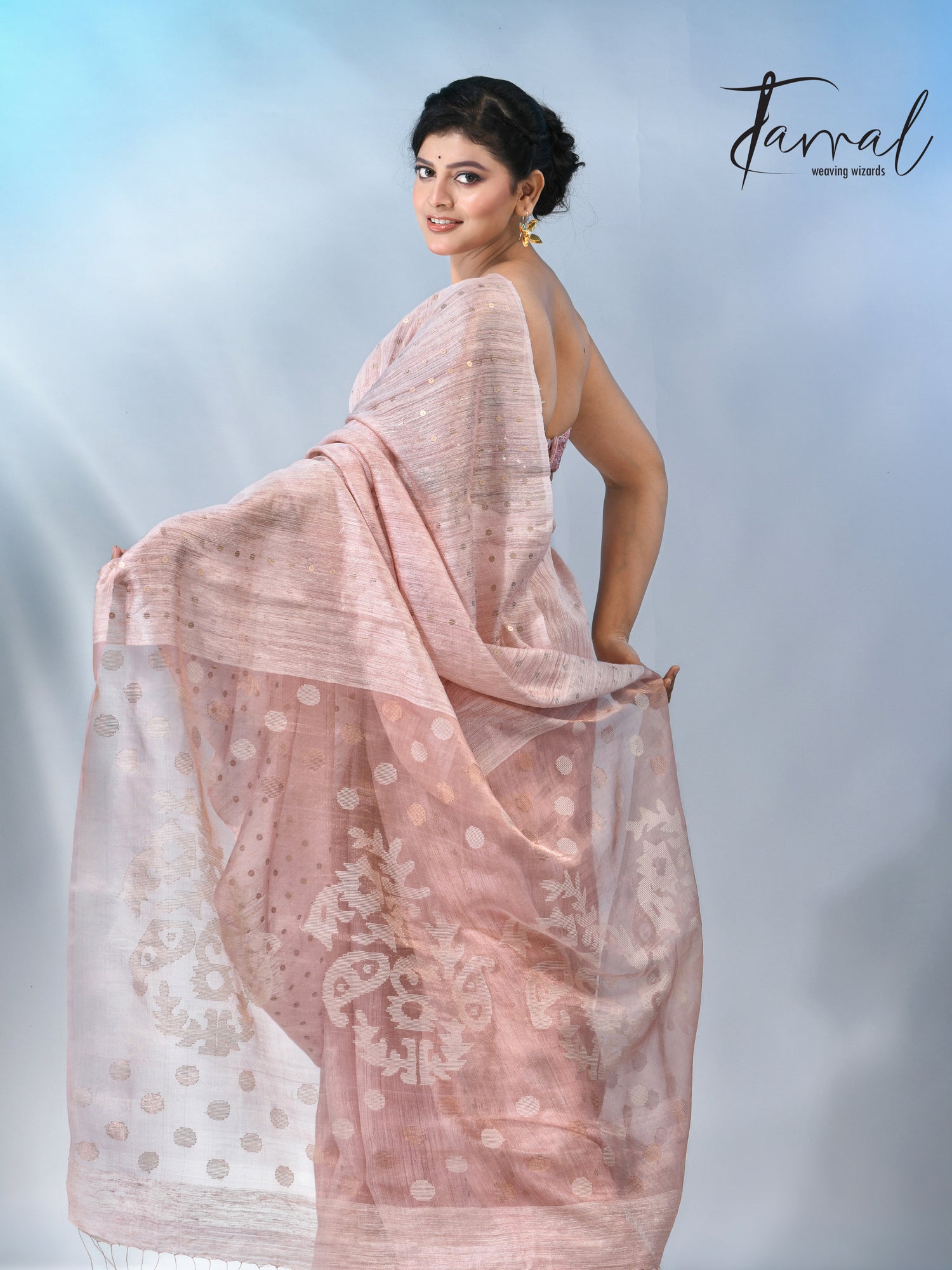 Baby Pink colour matka silk sequins handwoven jamdani saree