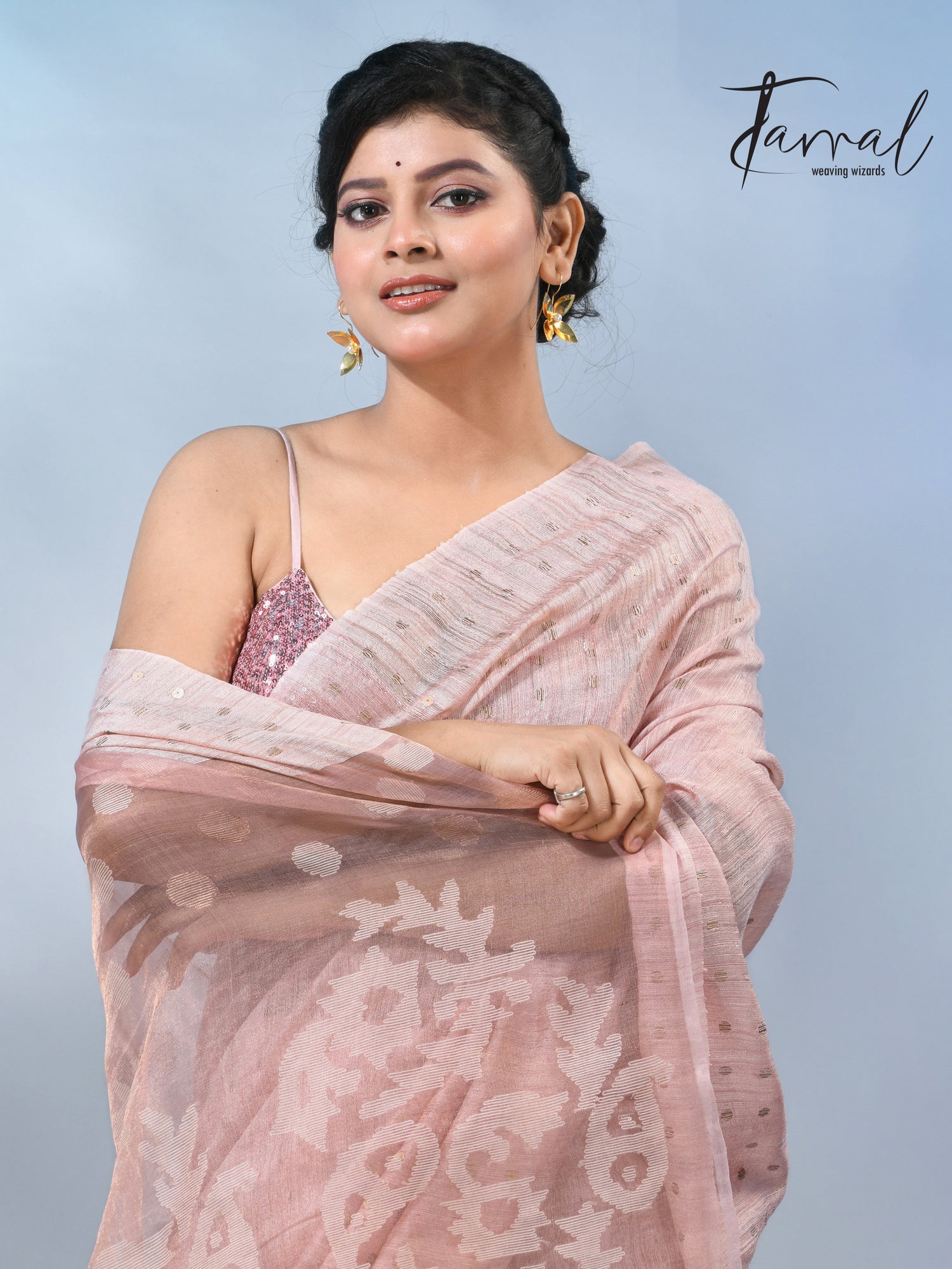 Baby Pink colour matka silk sequins handwoven jamdani saree