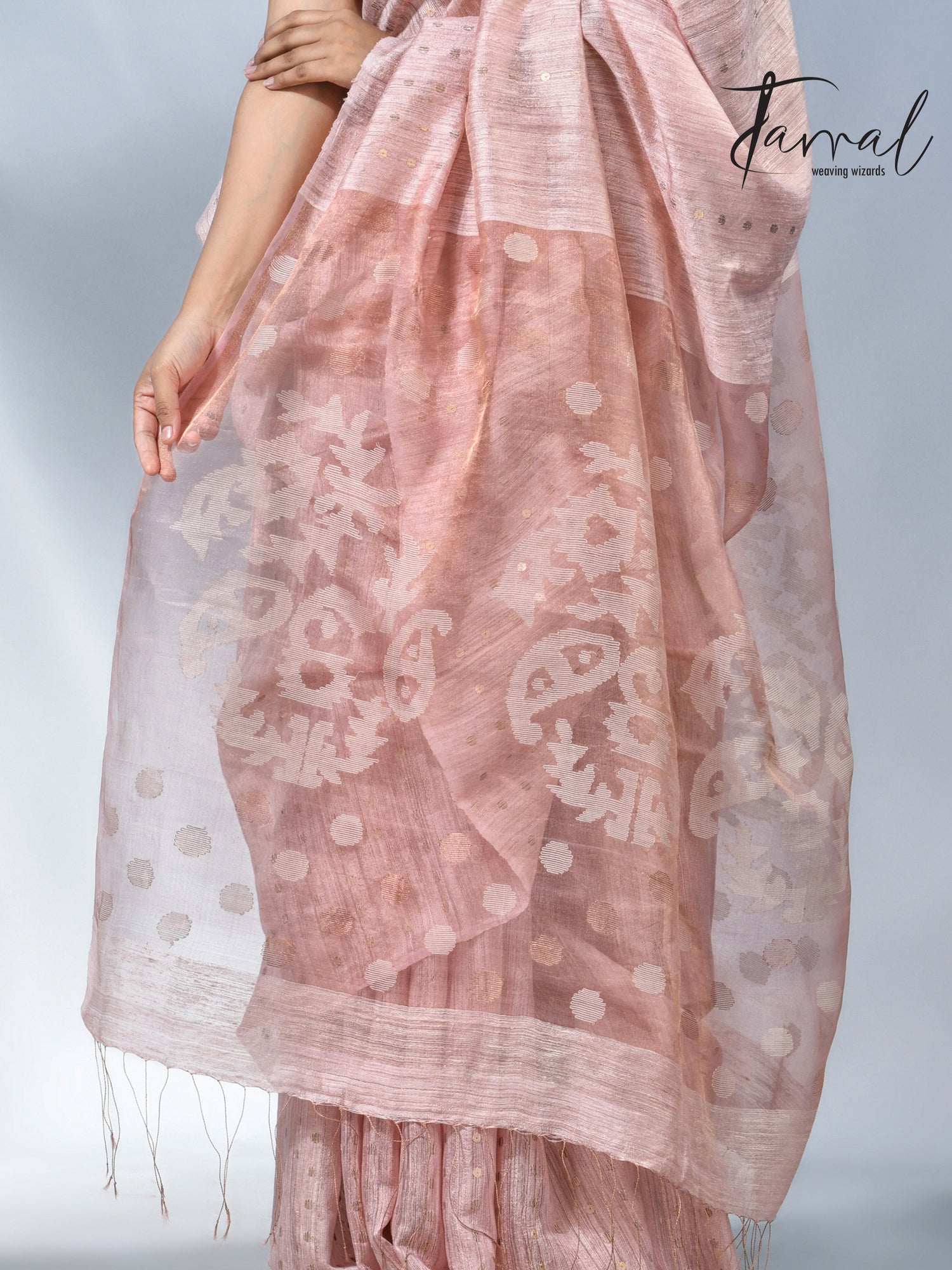 Baby Pink colour matka silk sequins handwoven jamdani saree