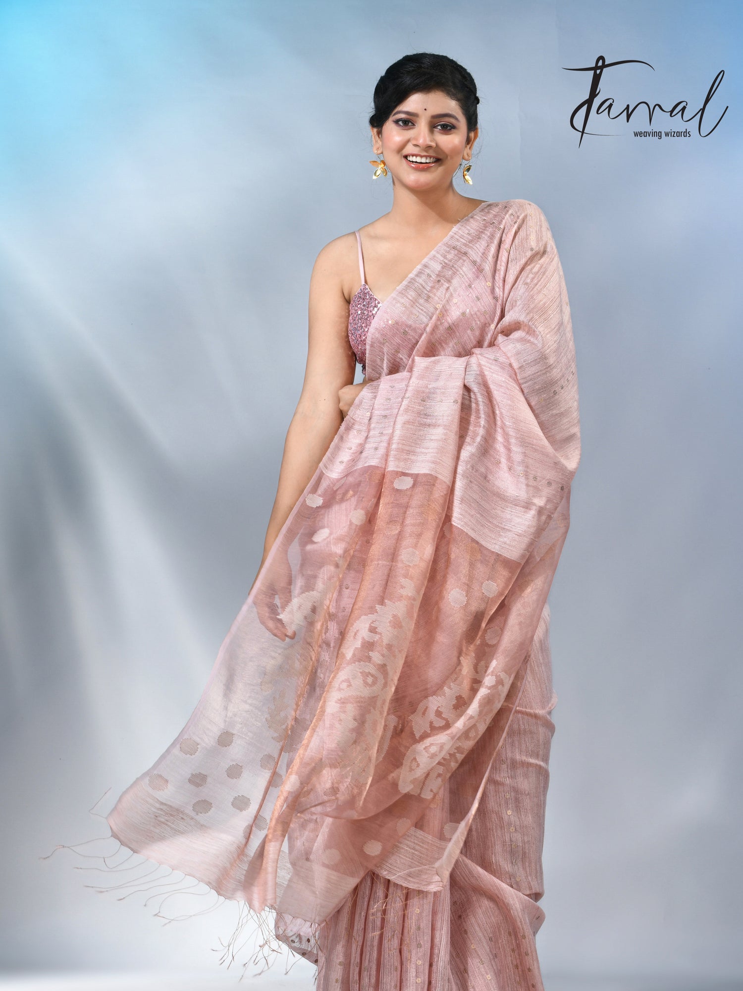 Baby Pink colour matka silk sequins handwoven jamdani saree