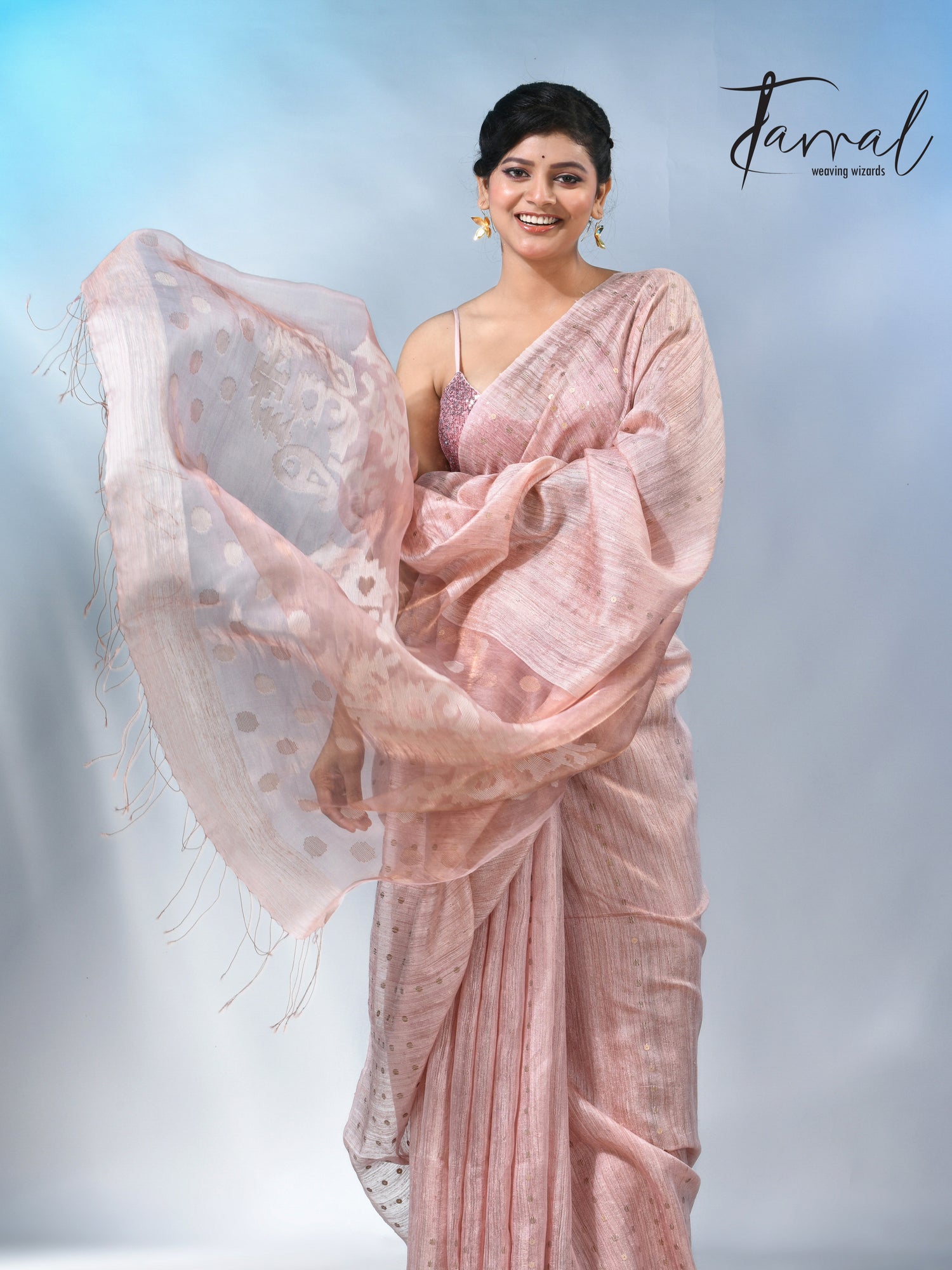 Baby Pink colour matka silk sequins handwoven jamdani saree