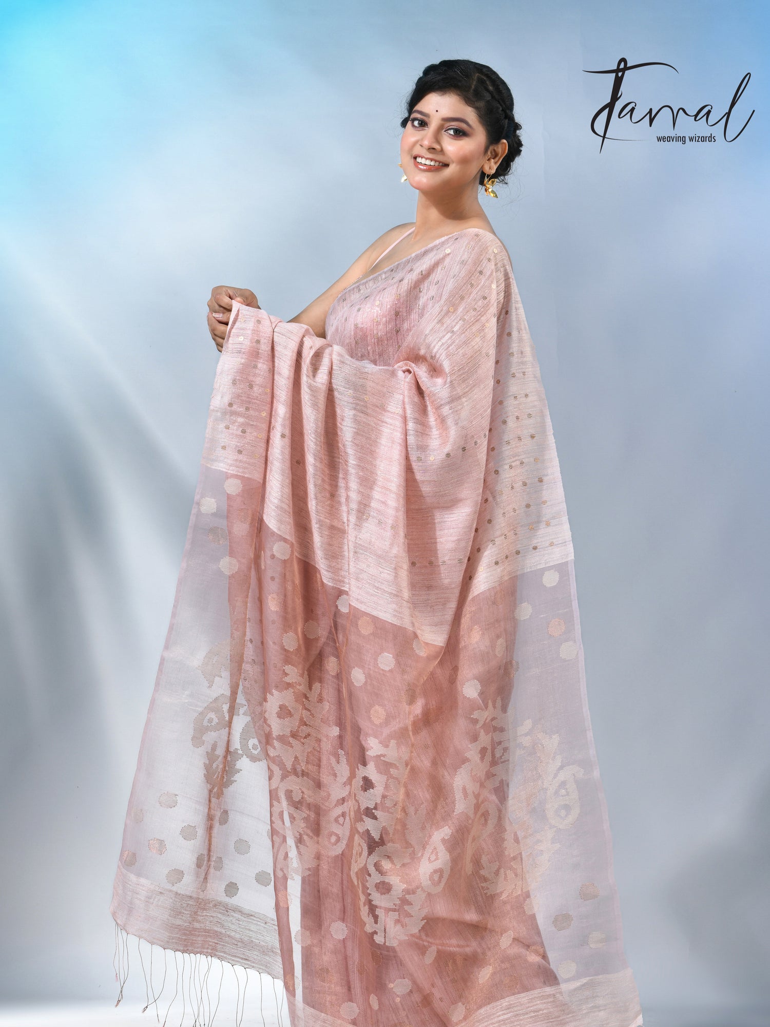 Baby Pink colour matka silk sequins handwoven jamdani saree