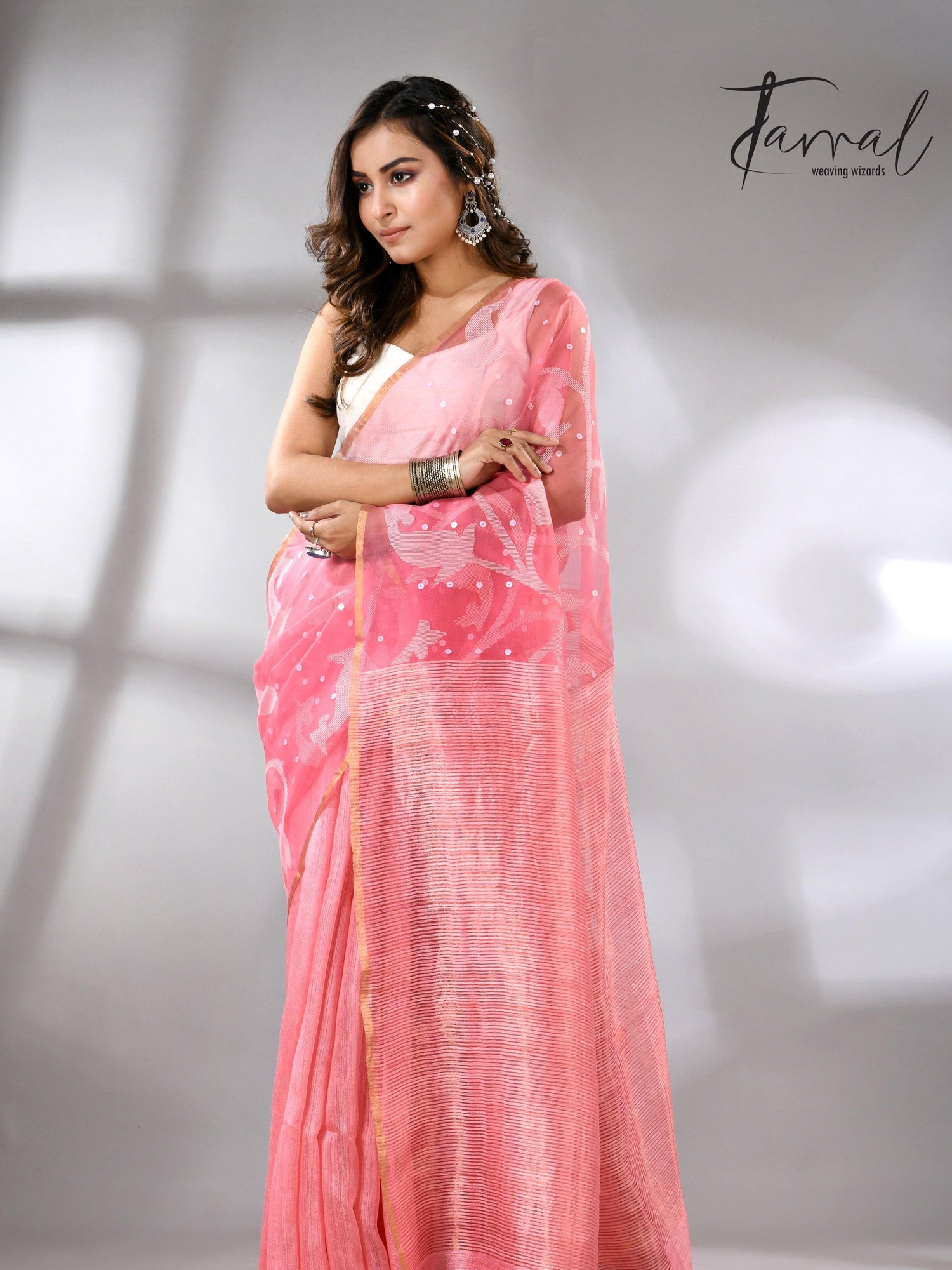 Baby Pink muslin with matka silk handwoven needle work jamdani saree full
