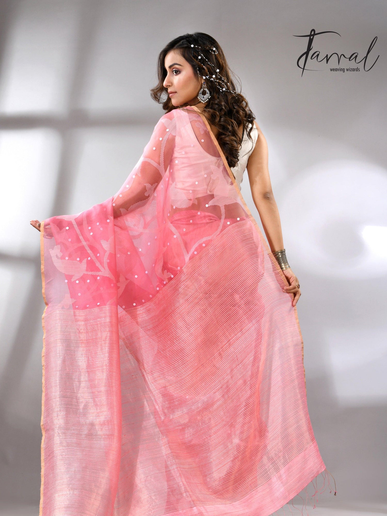 Baby Pink muslin with matka silk handwoven needle work jamdani saree back