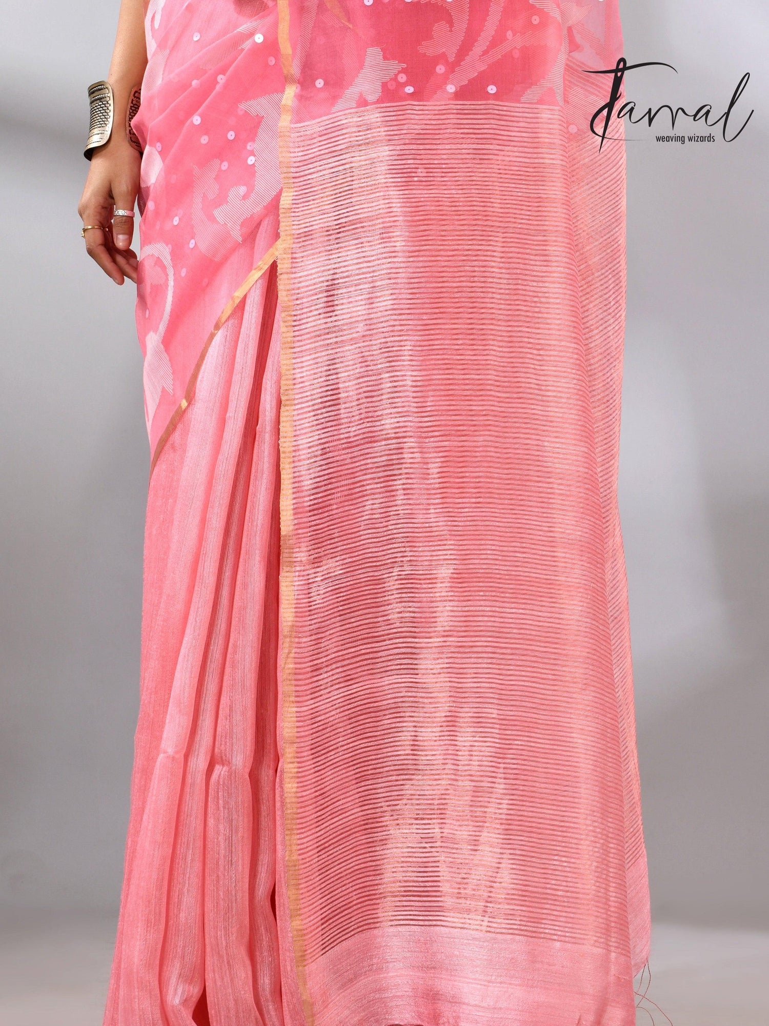 Baby Pink muslin with matka silk handwoven needle work jamdani saree bottom