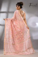 Baby Pink with zari border silk linen embroidered handloom saree back