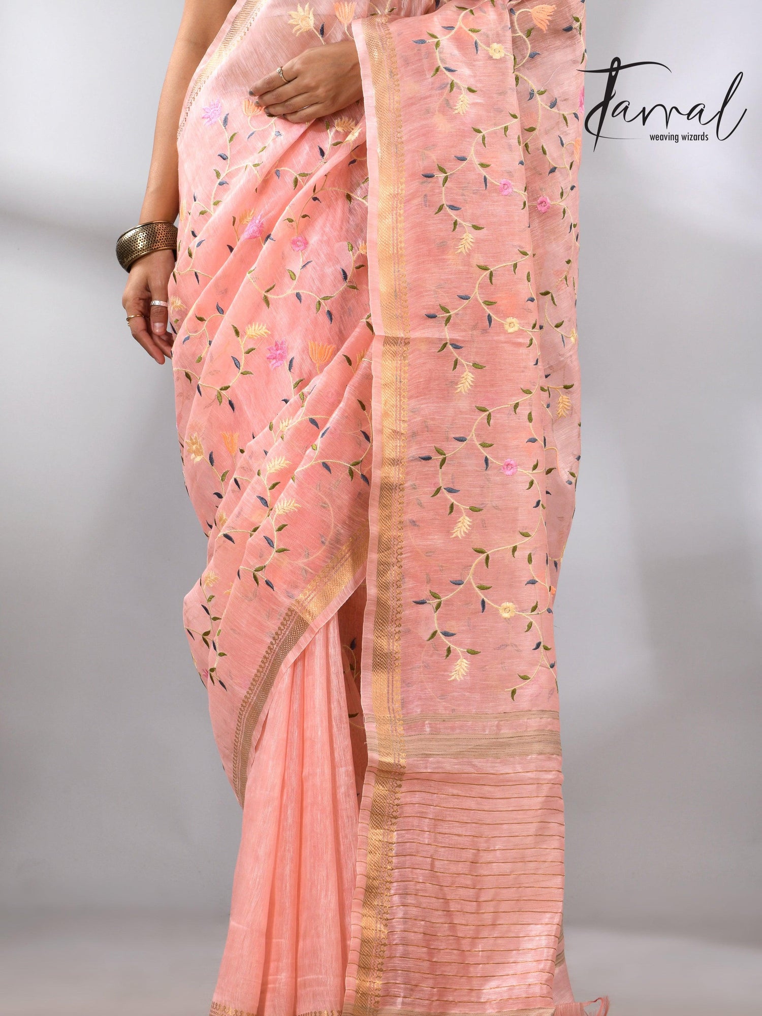 Baby Pink with zari border silk linen embroidered handloom saree bottom