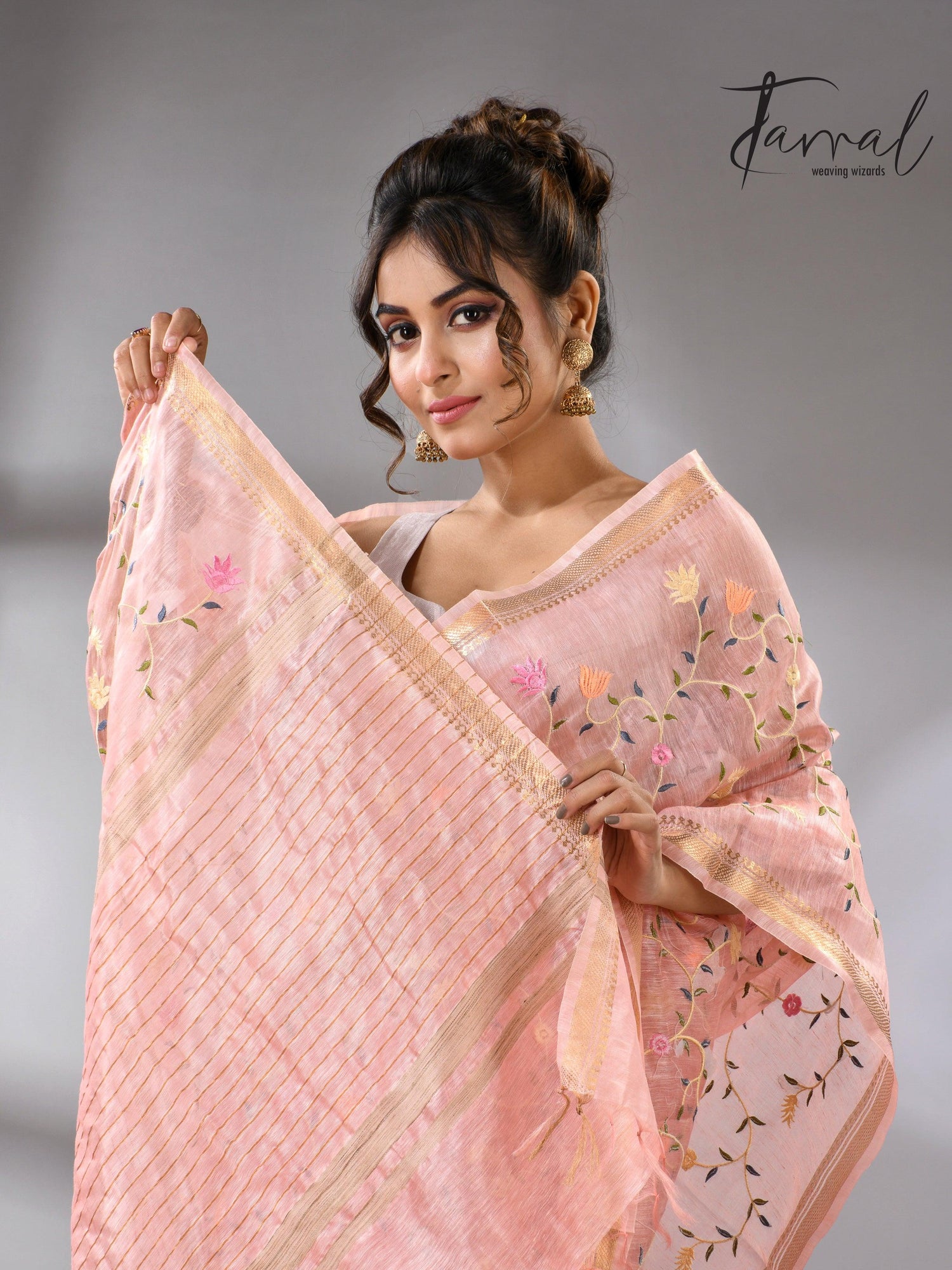 Baby Pink with zari border silk linen embroidered handloom saree cls