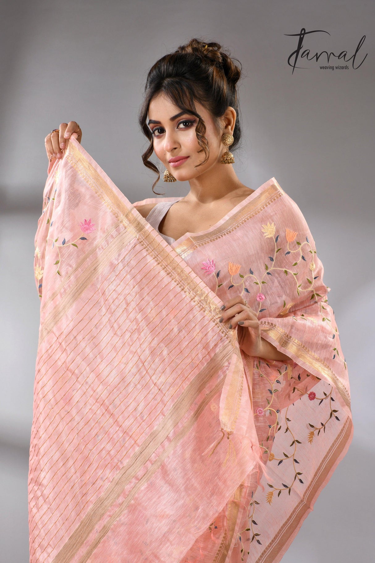 Baby Pink with zari border silk linen embroidered handloom saree cls
