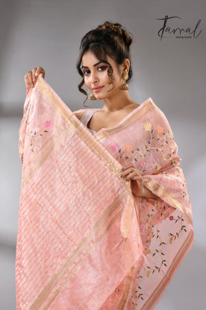 Baby Pink with zari border silk linen embroidered handloom saree cls