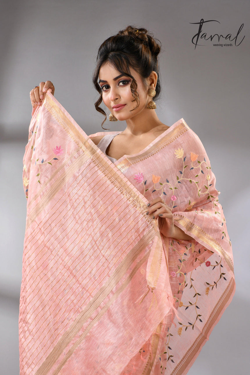 Baby Pink with zari border silk linen embroidered handloom saree cls
