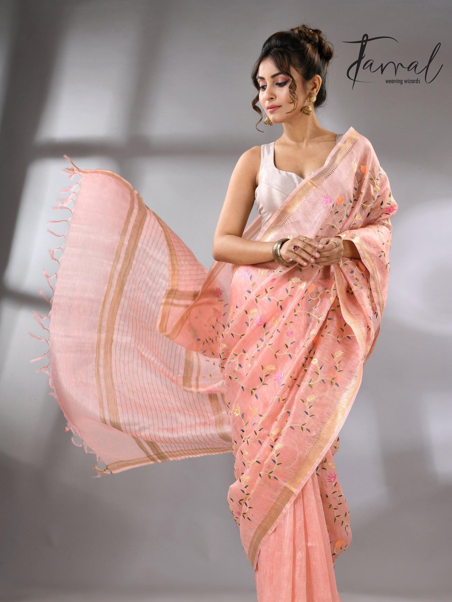 Baby Pink with zari border silk linen embroidered handloom saree full