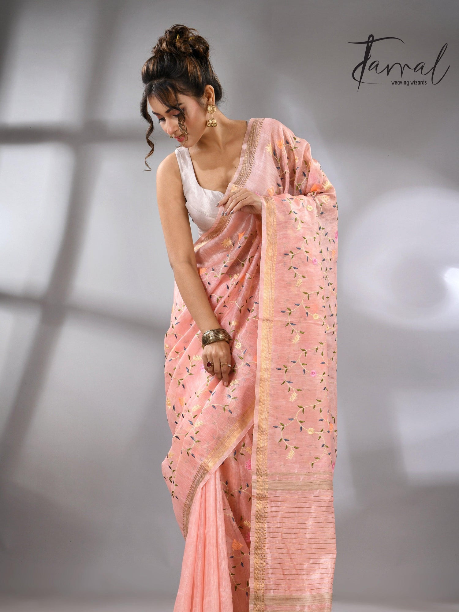Baby Pink with zari border silk linen embroidered handloom saree full2