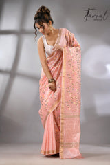 Baby Pink with zari border silk linen embroidered handloom saree full2