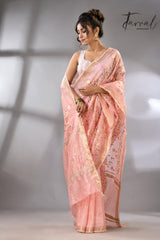 Baby Pink with zari border silk linen embroidered handloom saree full3