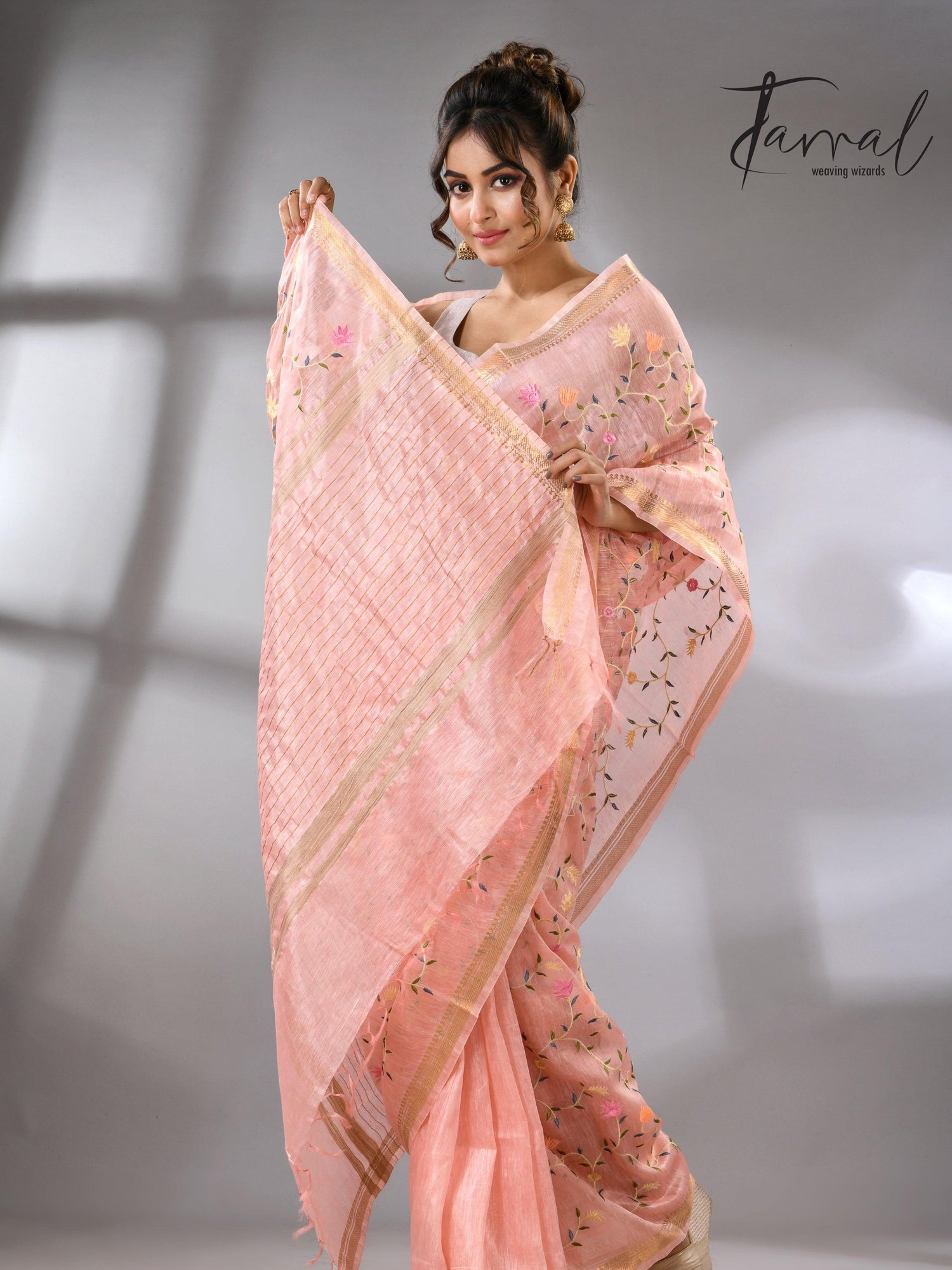 Baby Pink with zari border silk linen embroidered handloom saree full4