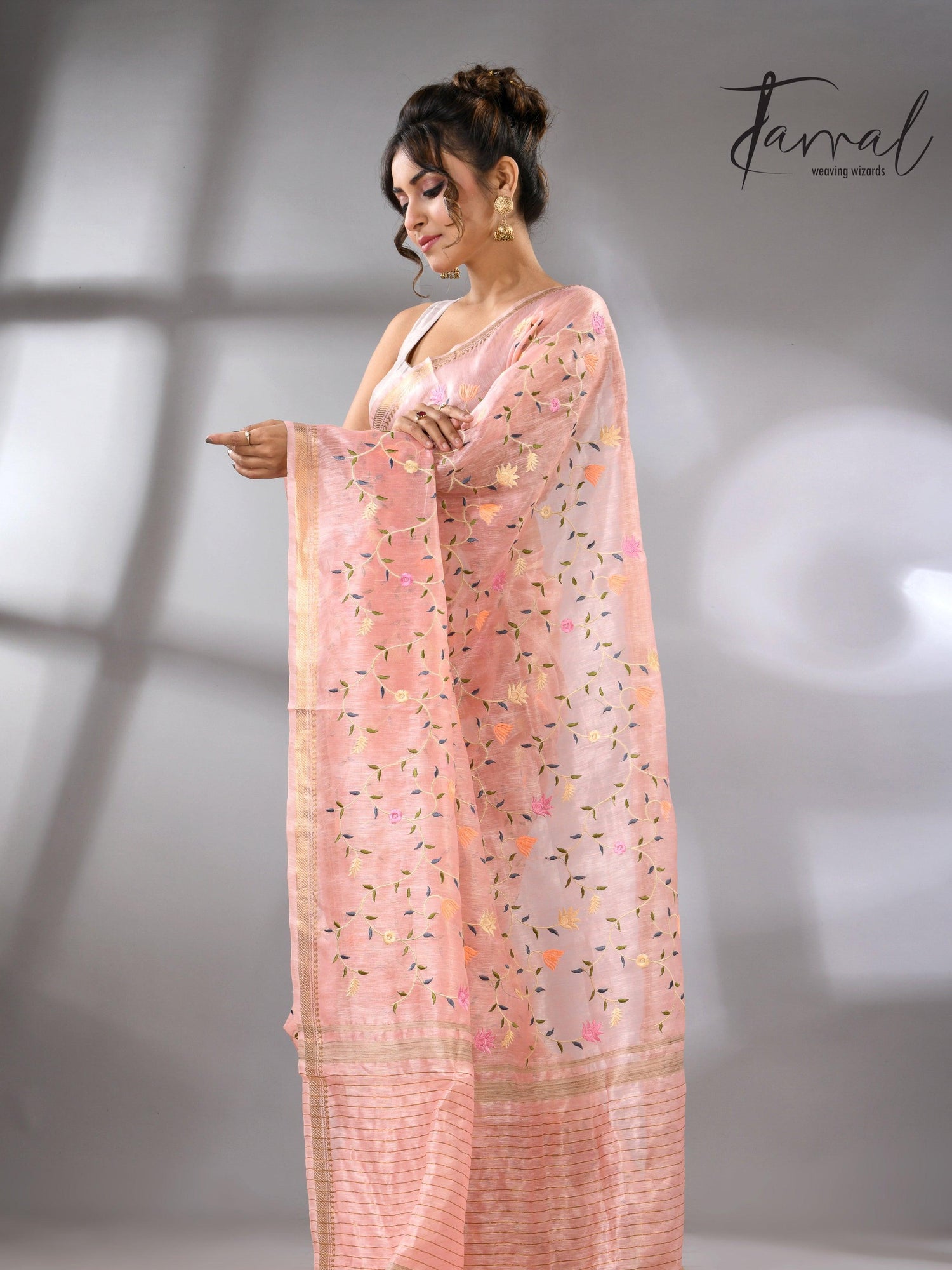 Baby Pink with zari border silk linen embroidered handloom saree left