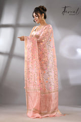 Baby Pink with zari border silk linen embroidered handloom saree left
