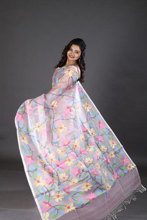 Baby pink handwoven muslin silk jamdani saree - Tamal Boutique