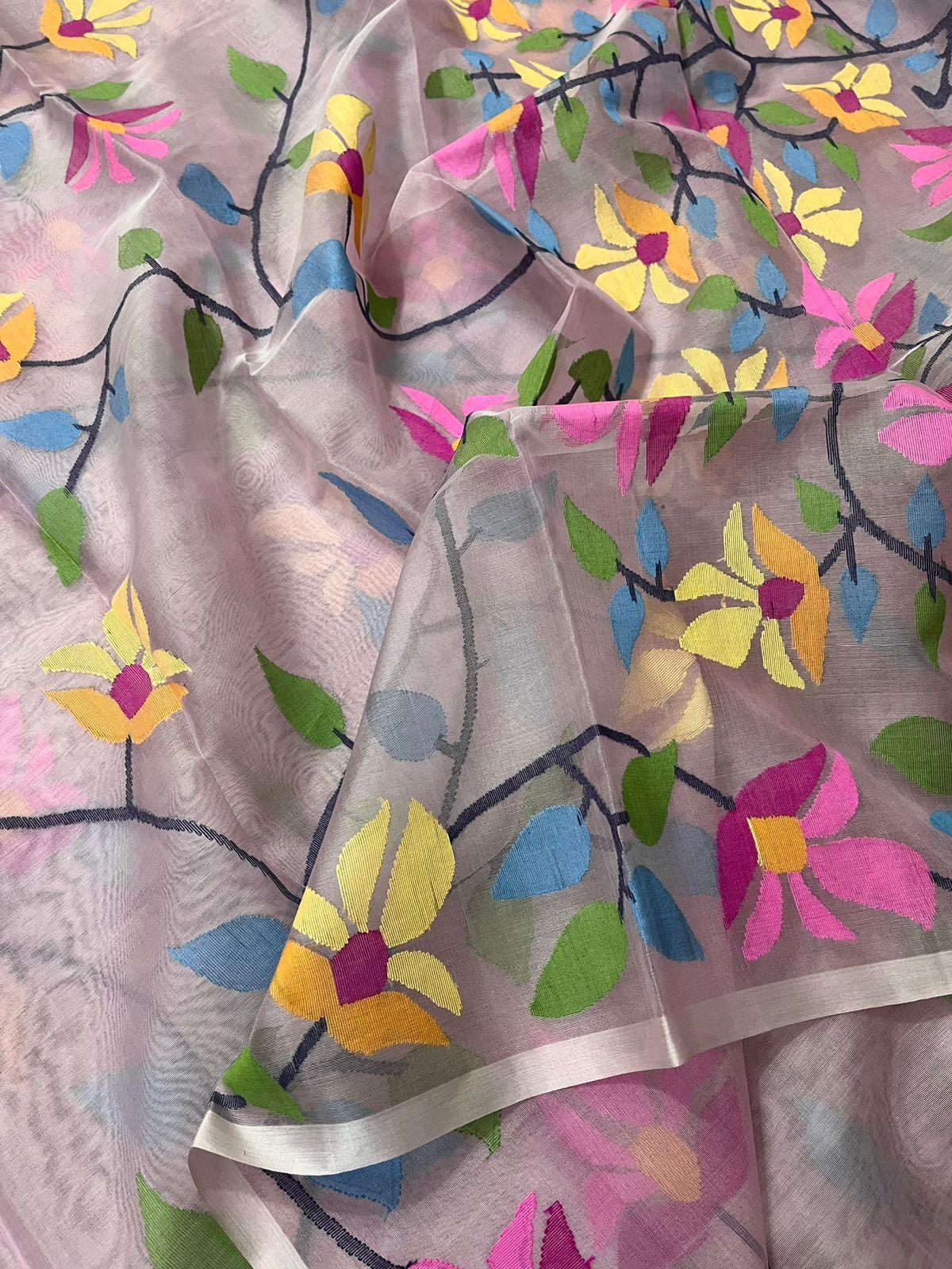 Baby pink handwoven muslin silk jamdani saree - Tamal Boutique