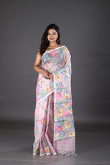 Baby pink handwoven muslin silk jamdani saree - Tamal Boutique