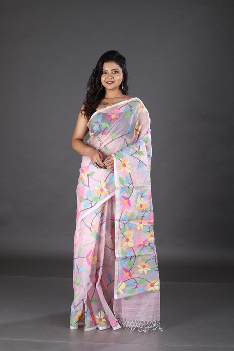 Baby pink handwoven muslin silk jamdani saree - Tamal Boutique