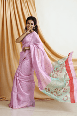 Baby pink matka silk sequins handwoven jamdani saree left