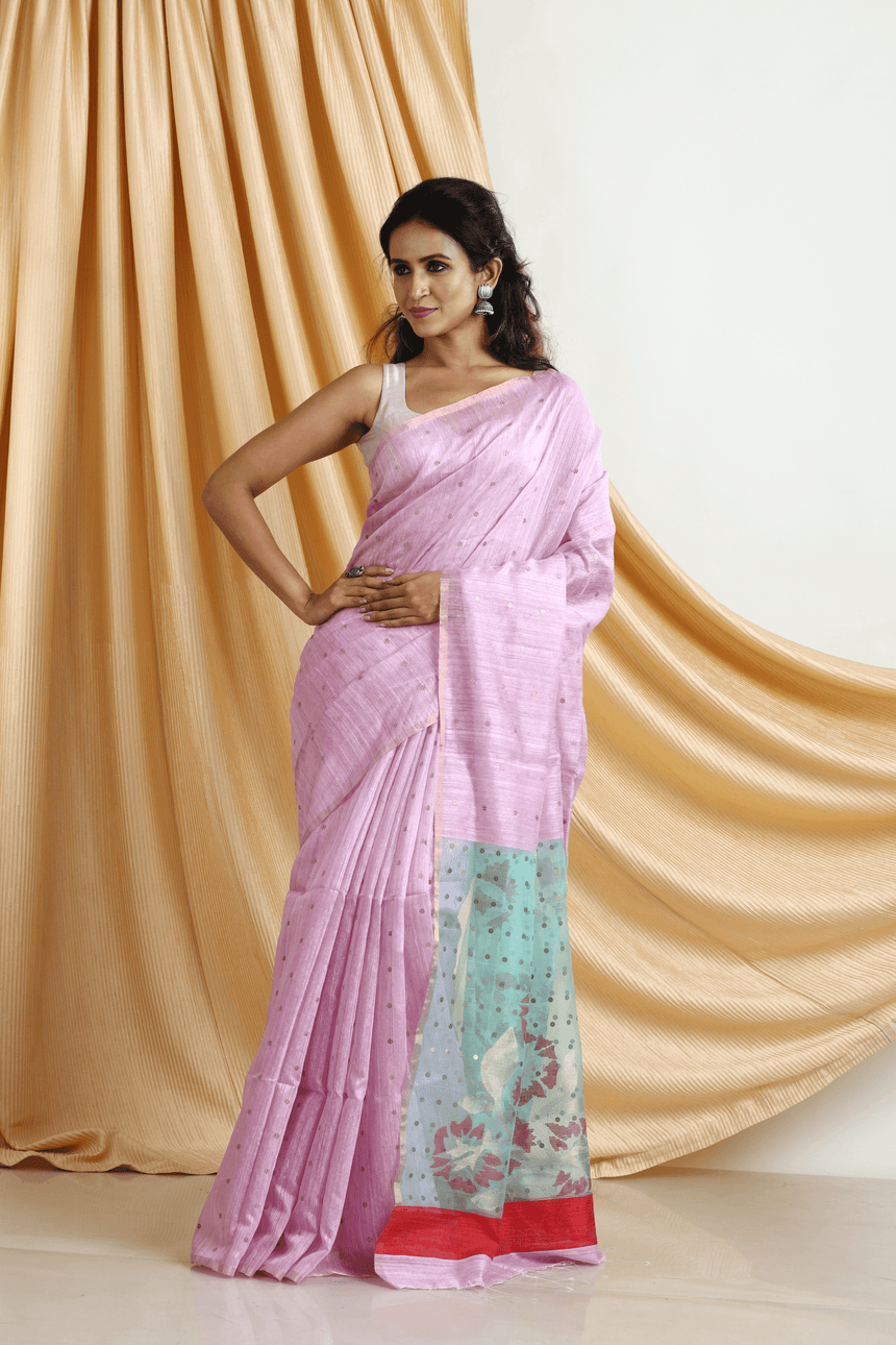 Baby pink matka silk sequins handwoven jamdani saree  front