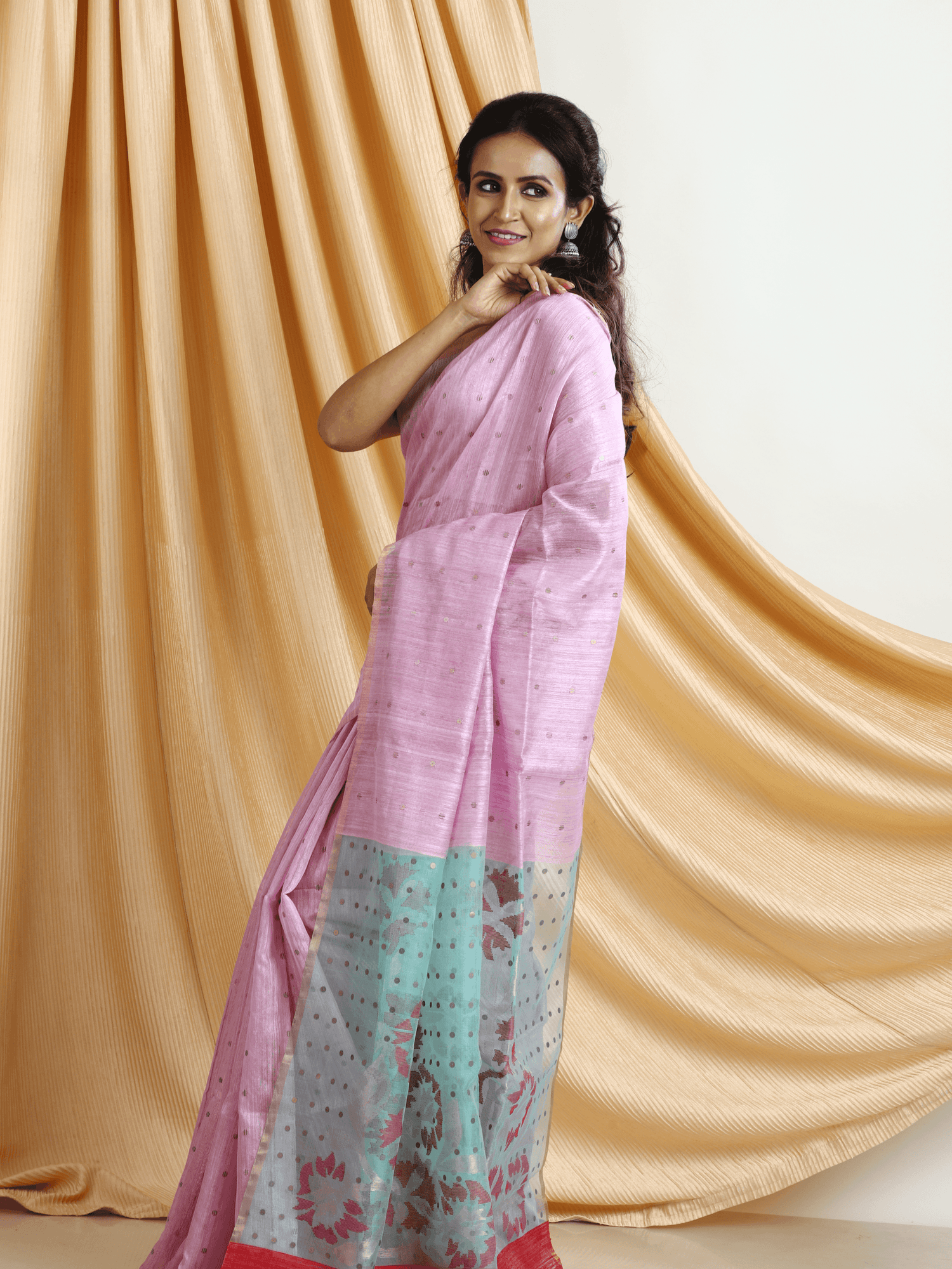 Baby pink matka silk sequins handwoven jamdani saree  right