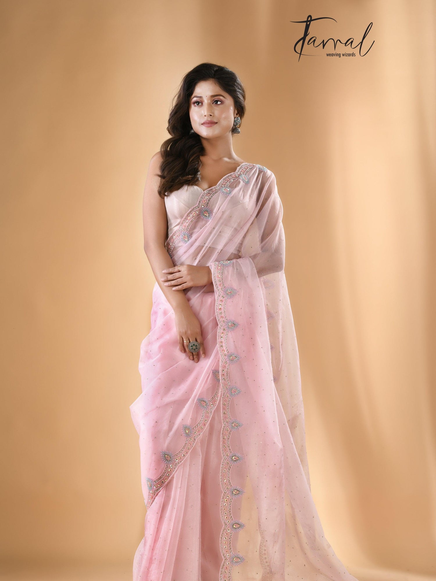 Baby pink fantasy zardosi silk saree front