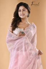 Baby pink organza embroidered handloom saree Closeup