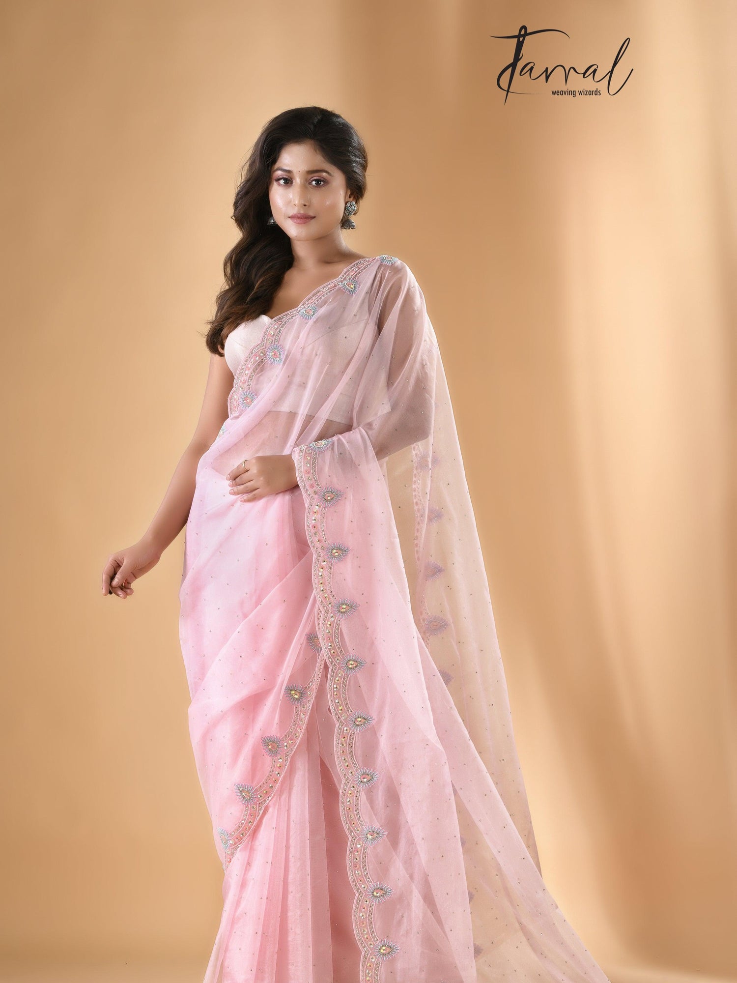 Baby pink organza embroidered handloom saree Full view