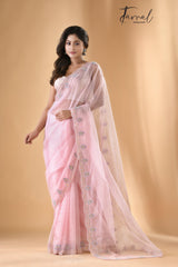 Baby pink organza embroidered handloom saree Full view