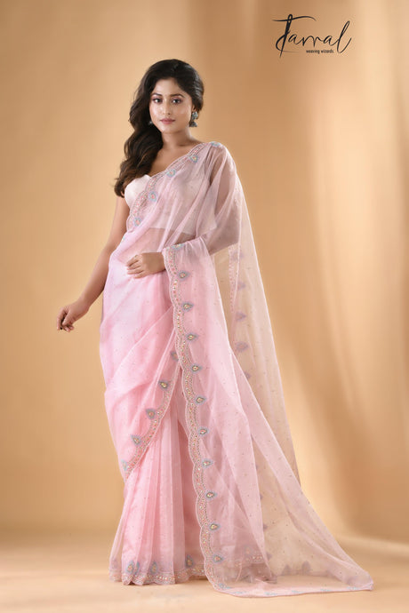 Baby pink organza embroidered handloom saree Full view