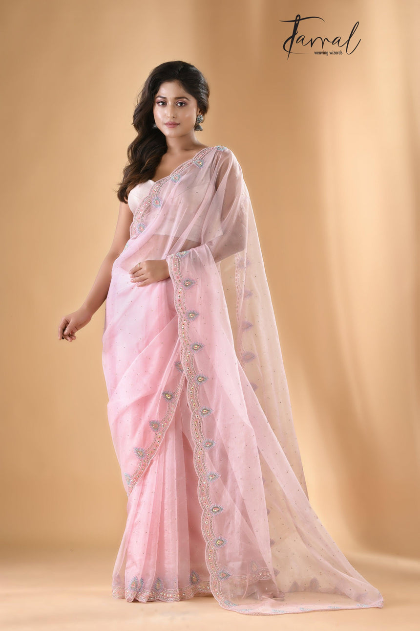 Baby pink organza embroidered handloom saree Full view