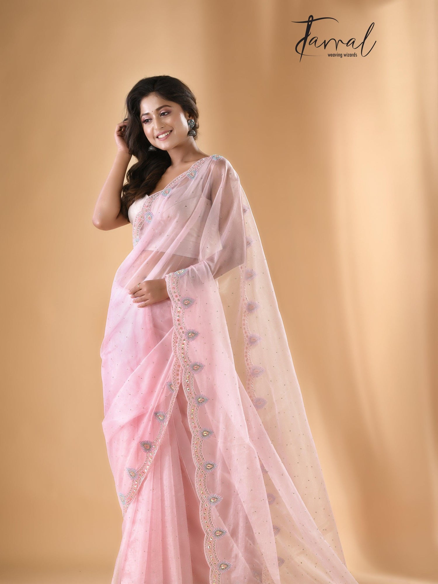 Baby pink organza embroidered handloom saree Left1