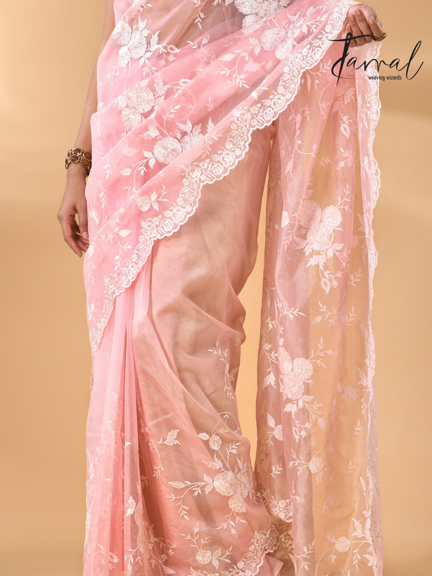 Baby pink organza embroidered handloom saree bottom