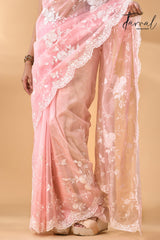 Baby pink organza embroidered handloom saree bottom