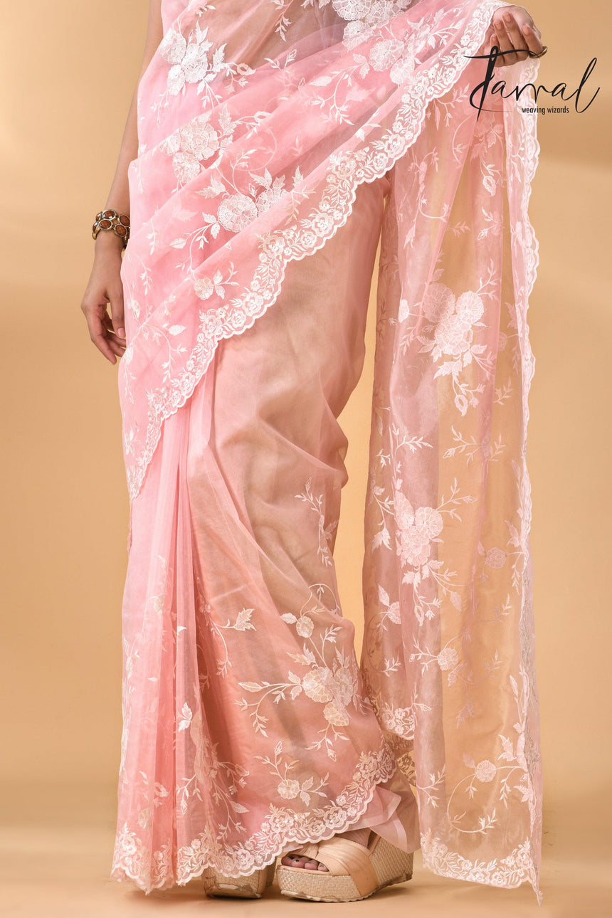 Baby pink organza embroidered handloom saree bottom