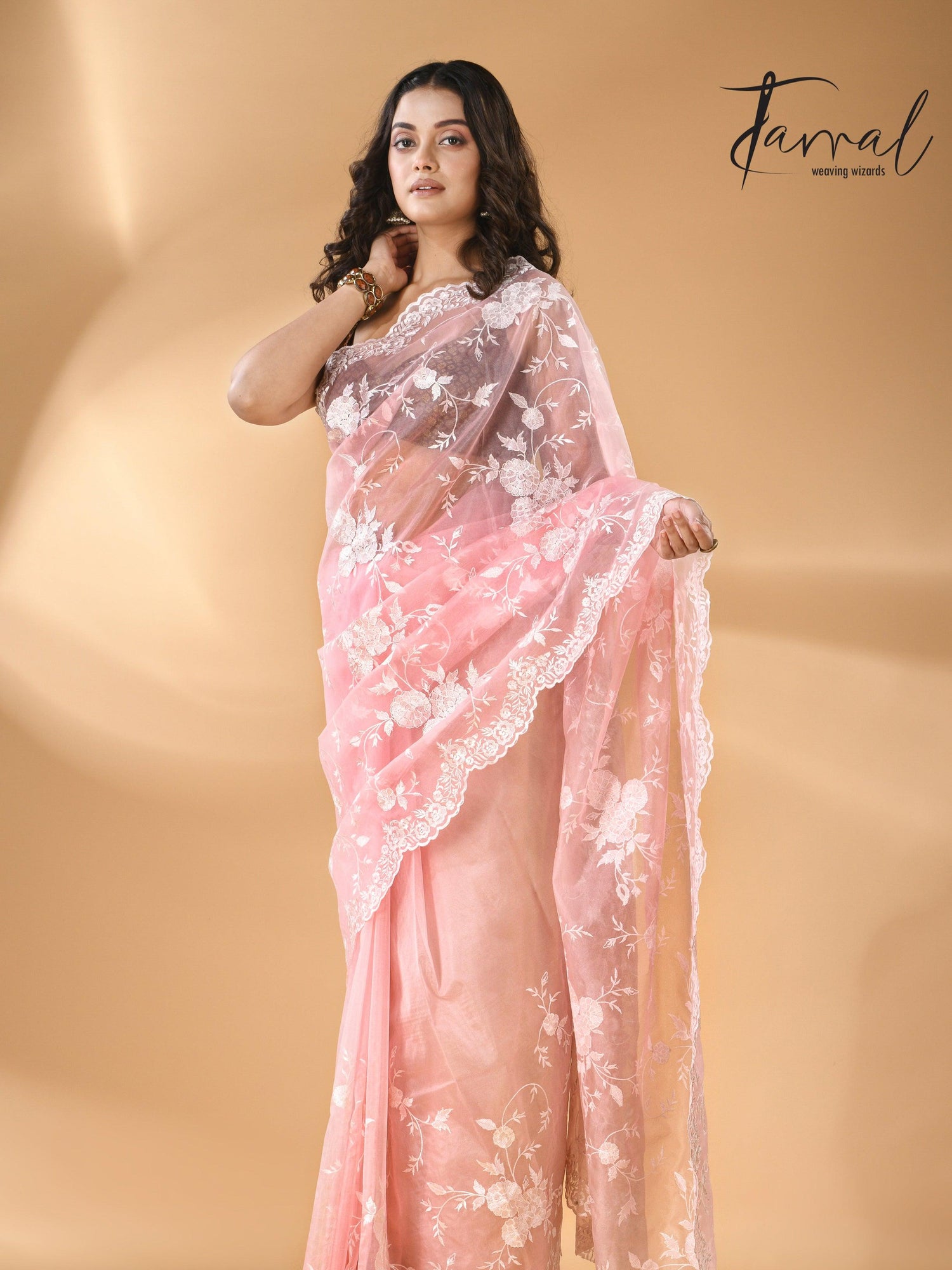 Baby pink organza embroidered handloom saree front