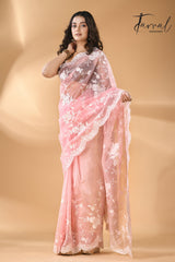 Baby pink organza embroidered handloom saree front