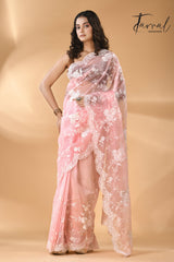 Baby pink organza embroidered handloom saree full2