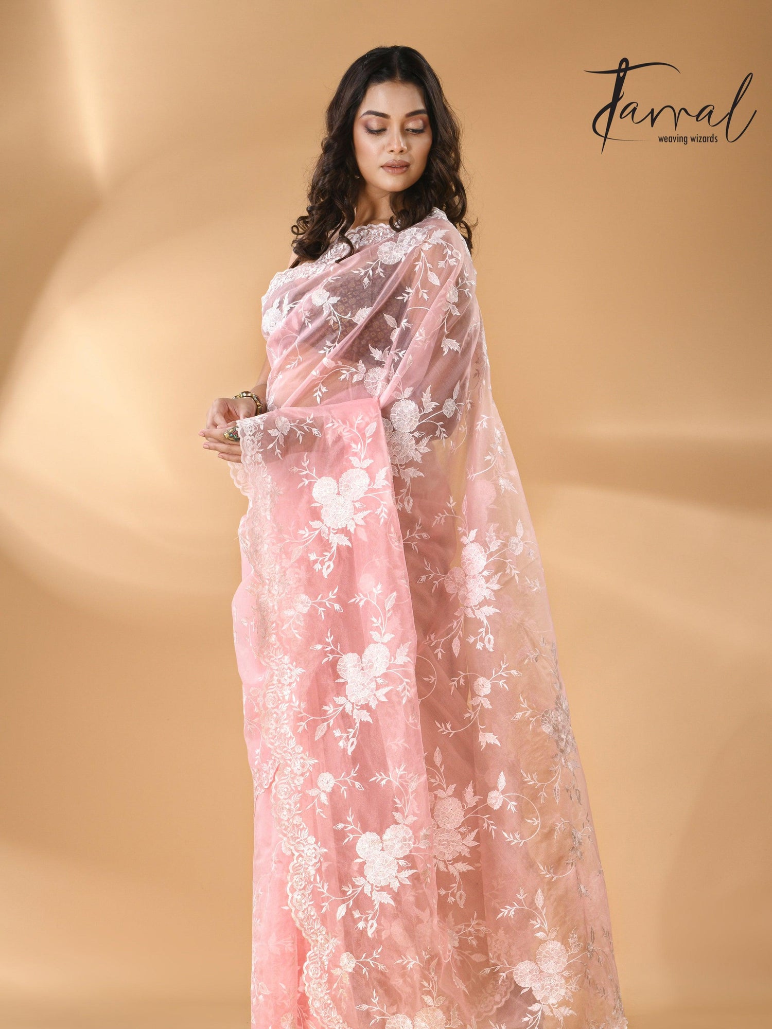 Baby pink organza embroidered handloom saree full3