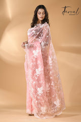 Baby pink organza embroidered handloom saree full3