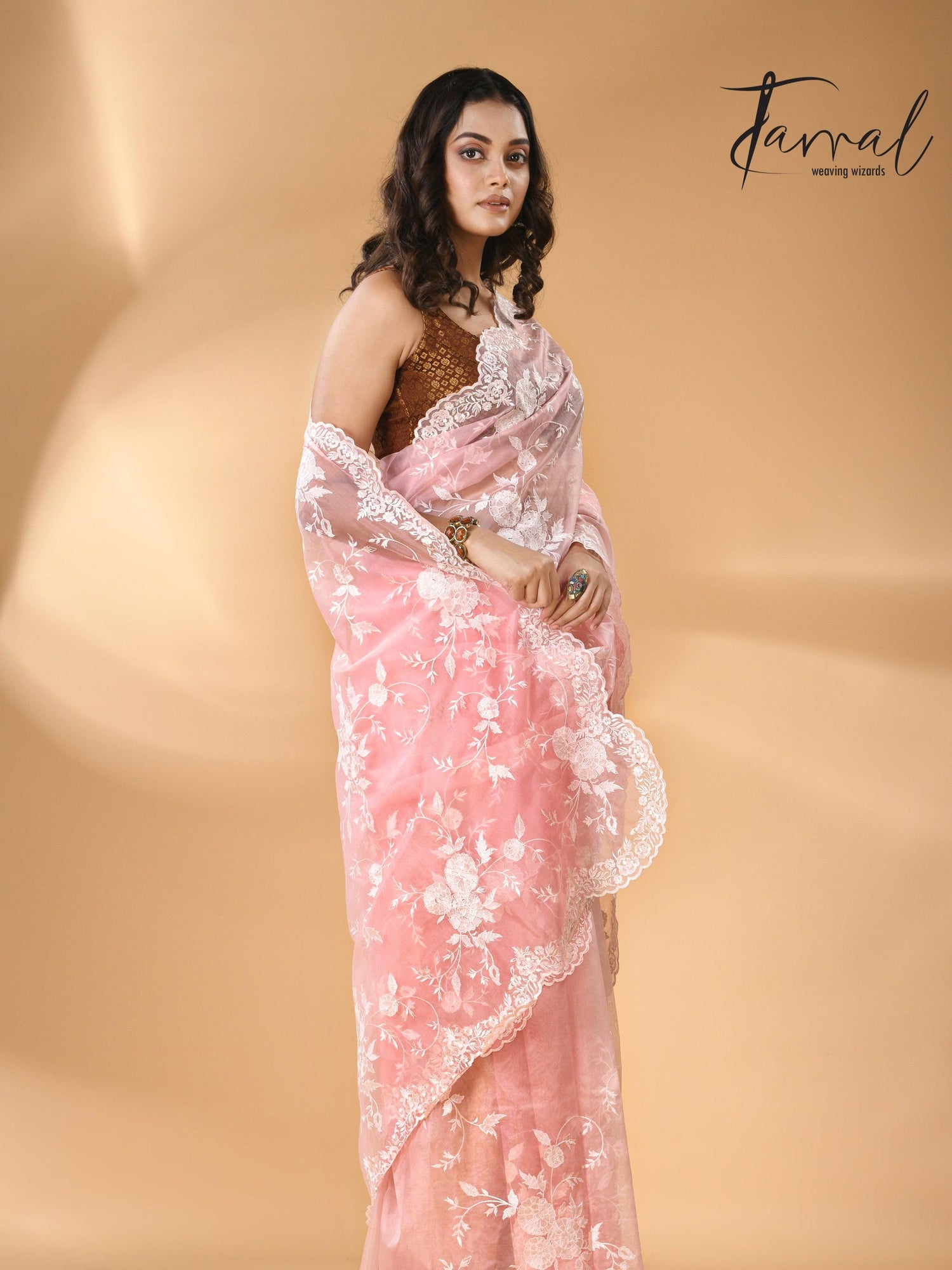 Baby pink organza embroidered handloom saree left2