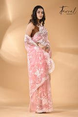 Baby pink organza embroidered handloom saree left2